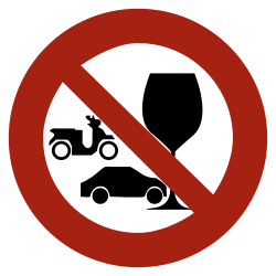A red circle with left slash over a wine glass, a car, and a scooter. This is a sign of "Prohibiting Drinking and Driving".