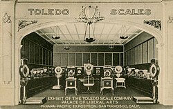 Exhibit of the Toledo Scale Company at the Palace of Liberal Arts of the Panama-Pacific Exposition in San Francisco, California, approximately 1915