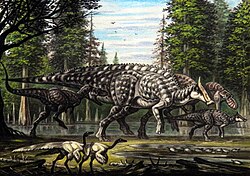 Illustration of predatory dinosaurs chasing billed dinosaurs in a forested area