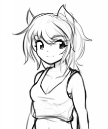 Black-and-white sketch headshot of a young woman with cat ears. The cat ears are drawn simply wiht two to three strokes on the top of the head.