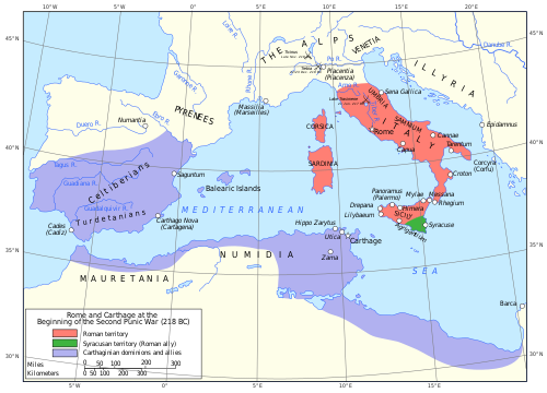 a map of the western Mediterranean region showing the territory and allies of Rome and Carthage in 218 BC