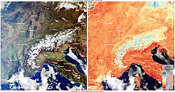 A Sentinel-3 image shows true colour (left) and land temperature (right) during the 2021 Eurasia winter heat wave