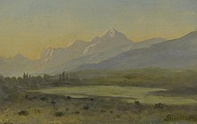 landscape painting of the valley with mountains in the distance