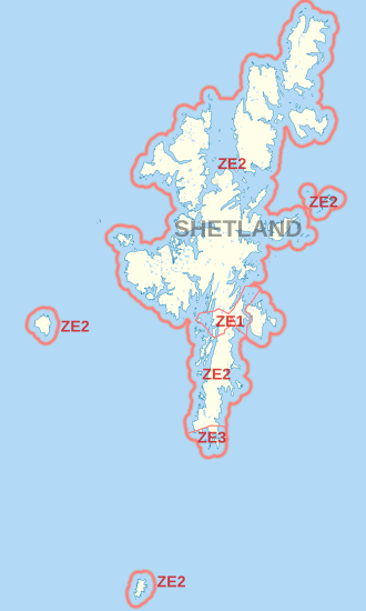 ZE postcode area map, showing postcode districts and the post town.