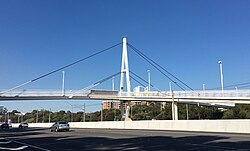 A cable-stayed footbridge over a freeway