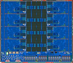 Die-Shot of an AMD Ryzen 5 9600X, mainly in blue, and rather symmetric structure
