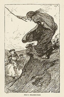 Black and white image of a gypsy woman cursing a man