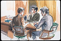 A courtroom sketch of three men, attorneys in suits in a federal court in 1973