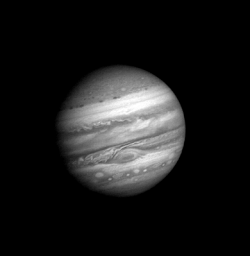 Black and white animation of Jupiter's clouds by Voyager 1 as the spacecraft approaches the planet