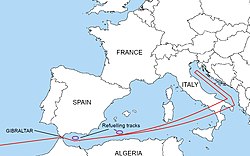 Diagram of the route that nuclear bomb-carrying B-52s would take to enemy countries. It follows the Mediterranean Sea, and passes over Italy before turning north over the Adriatic Sea.