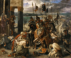 A painting of an army marching into a city gate with much smoke in the background