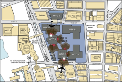 Ground zero and surrounding area as seen from directly above depicting where the two planes impacted the towers