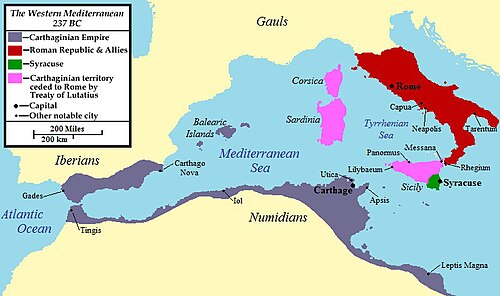 A map of the western Mediterranean showing the territory ceded to Rome by Carthage under the treaty.