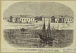 A black-on-yellow sketch showing the Convalescent Hospital on Hart Island