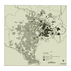 Black and white map of Tokyo shaded with the areas of the city which were destroyed in different air raids