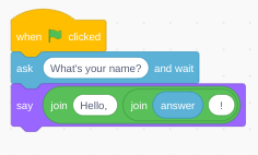 A coded example, using the ask block for the users' name, then responding with it,