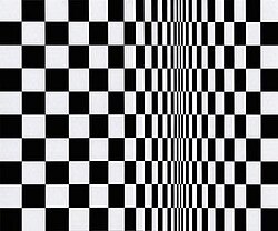 Black and light grey checkered pattern of squares that is horizontally shrunk at one third to the right side of the image