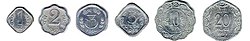Row of six differently-shaped aluminium coins, arranged by size