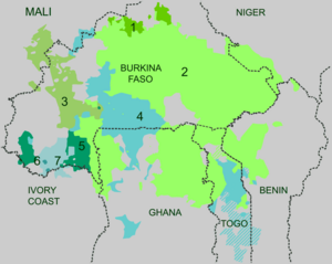 Map showing regions of Burkina Faso and neighboring countries where Gur languages are spoken: Koromfé in a small area in the north; Oti–Volta languages, the most widespread; Bwamu in the west; Gurunsi in the southern and southeastern areas; Kirma–Lobi in a small western area; Dogoso–Khe in a small extreme western area; and Doghose–Gan in a small western area.