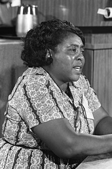 Fannie Lou Hamer is a Black woman wearing a floral dress. She is mid-speaking at a convention. She is seated. The photo is in black and white.