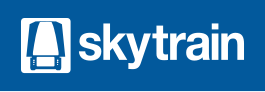 A logo with a blue background, a white icon of a train and white text that says "skytrain" in lowercase letters