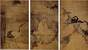 Muqi, Guanyin, Crane, and Gibbons, Southern Song (Chinese), 13th century, set of three hanging scrolls, ink and color on silk, height: 173.9–174.2 cm (68.5–68.6 in), collected in Daitokuji, Kyoto, Japan. Designated National Treasure.