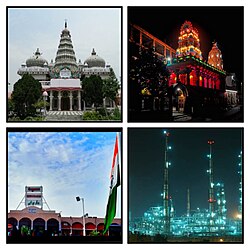 Clockwise from top left: Naulakha Temple, Kali Mandir,Begusarai Railway Station , Barauni Refinery