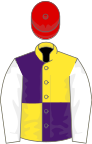 YELLOW and PURPLE QUARTERED, white sleeves, red cap