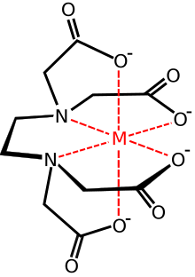 a chemical diagram of [CH2N(CH2CO2-)2]2 (shown in black) with the four O- tails binding a metal ion (shown in red).