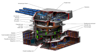 A cutaway of a turret mounting 16-inch guns