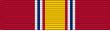 A multicolored military ribbon. From left to right the color pattern is; very thick red stripe, thin white stripe, thin blue stripe, thin white stripe, thin red stripe, very thick gold stripe, thin red stripe, thin white stripe, thin blue stripe, thin white stripe, very thick red stripe.