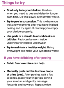 If you suffer symptoms, gradually train your bladder. Hold on when you need to pee and delay for longer each time. Do this slowly over several weeks. Try to pee in succession. This is where you wait a few moments after you have finished peeing and try again. It can help you empty your bladder properly. Use pads or a sheath to absorb leaks or dribbles. Pads can be worn inside underwear or replace underwear. Try to maintain a healthy weight. Being overweight can make your symptoms worse. If you have dribbling after peeing. Pelvic floor exercises can help. Manually push out the last few drops of urine (pee). After peeing, wait a few seconds, place your fingertips behind your scrotum and gently massage forwards and upwards. Repeat twice.