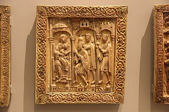 Ivory plaque depicting the three kings and the madonna and child