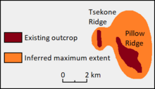 Diagram showing the locations of rock outcrops and the inferred maximum extent of a geological formation.