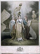 A mezzotint commemorating the passage of the Slave Trade Act 1807 by the British government, which abolished the slave trade. Britannia is seen with a Phrygian cap at the top a pole she wields.