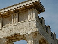 Triglyphs (slotted for the insertion of metopes) in the Doric frieze of the Temple of Aphaia.