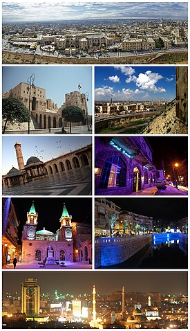 Ancient City of Aleppo Aleppo Citadel • The entrance to al-Madina Souq Great Mosque of Aleppo • Baron Hotel Saint Elijah Cathedral • Queiq River Panorama of Aleppo at night