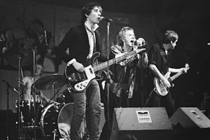 The Sex Pistols performing in Amsterdam in January 1977. Left to right: Paul Cook, Glen Matlock, Johnny Rotten, and Steve Jones.