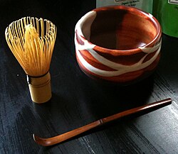 upper left : chasen (茶筅), upper right : chawan (茶碗), lower right chashaku (茶杓)