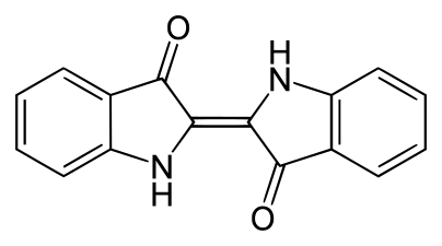 Chemical structure of indigo dye, a widely produced blue dye. Blue jeans consist of 1–3% by weight of this organic compound.