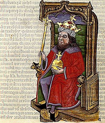 Chronica Hungarorum, Thuróczy chronicle, King Albert of Hungary, throne, crown, orb, scepter, medieval, Hungarian chronicle, book, illustration, history