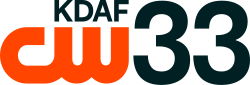 The CW logo, an orange thick logo with the letters C and W connected, in the lower left. Above it, right-aligned, is the words KDAF capitalized in a sans serif. To the right of both, full-height, is a sans-serif numeral 33.