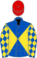 Royal blue and yellow diabolo, yellow diamonds on sleeves, red cap