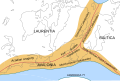 The branches of the Caledonian/Acadian belts at the end of the Caledonian orogeny (Early Devonian). Present-day coastlines are in gray.[10]