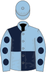 Light blue and dark blue (quartered), light blue sleeves, dark blue spots, light blue cap