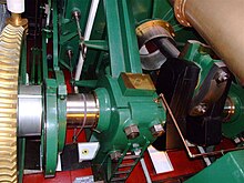 Looking down at the trunk engine of HMS Warrior (1860). The connecting rod can be seen emerging from the trunk at right.