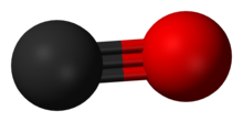 A carbon atom (shown as a grey ball) triple-bonded to an oxygen atom (shown as a red ball).