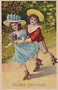 1918 Dutch New Year postcard, with an illustration of children roller skating outdoors.