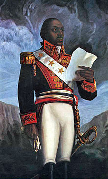 A painting of Louverture in a military uniform holding a document