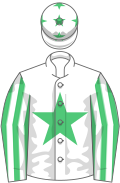 White, emerald green star, striped sleeves, white cap, emerald green stars